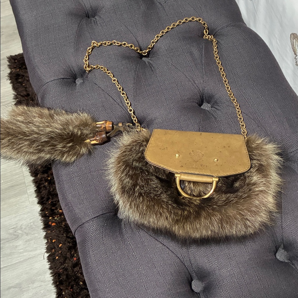 Gucci Brown Fur & Leather Tom Ford Small Flap Bag with Gold Chain Detail